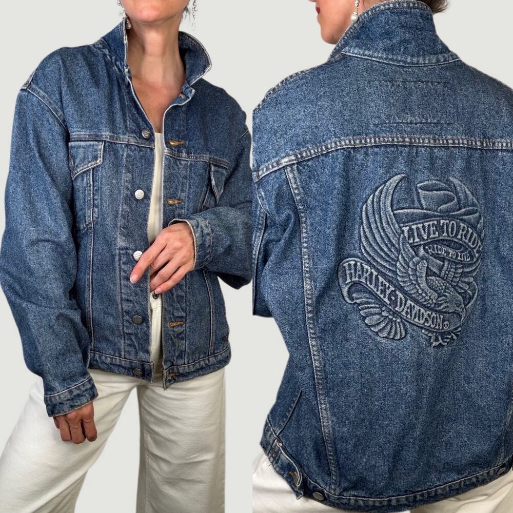 Harley Davidson vintage embossed logo denim jean jacket live to ride oversized M
